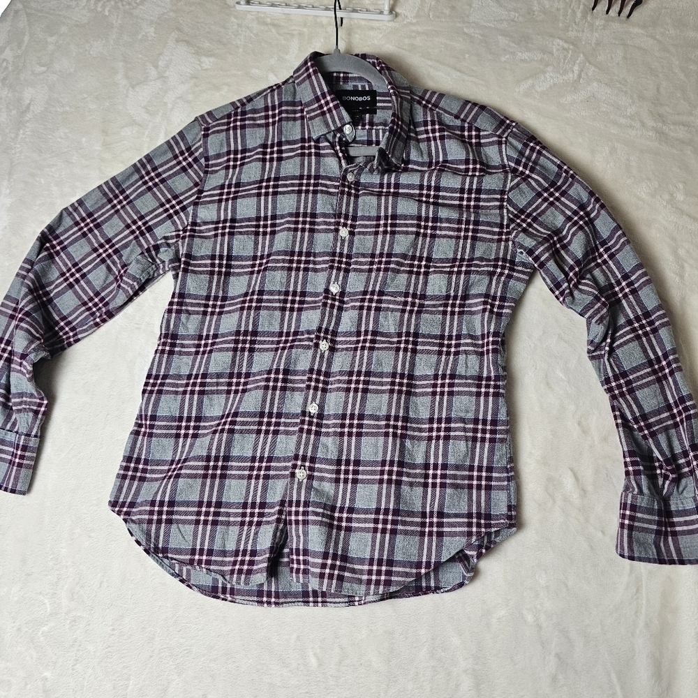 Bonobos Shirt Slim Fit Plaid Medium Men’s Gray Purple Cotton Fall Holiday